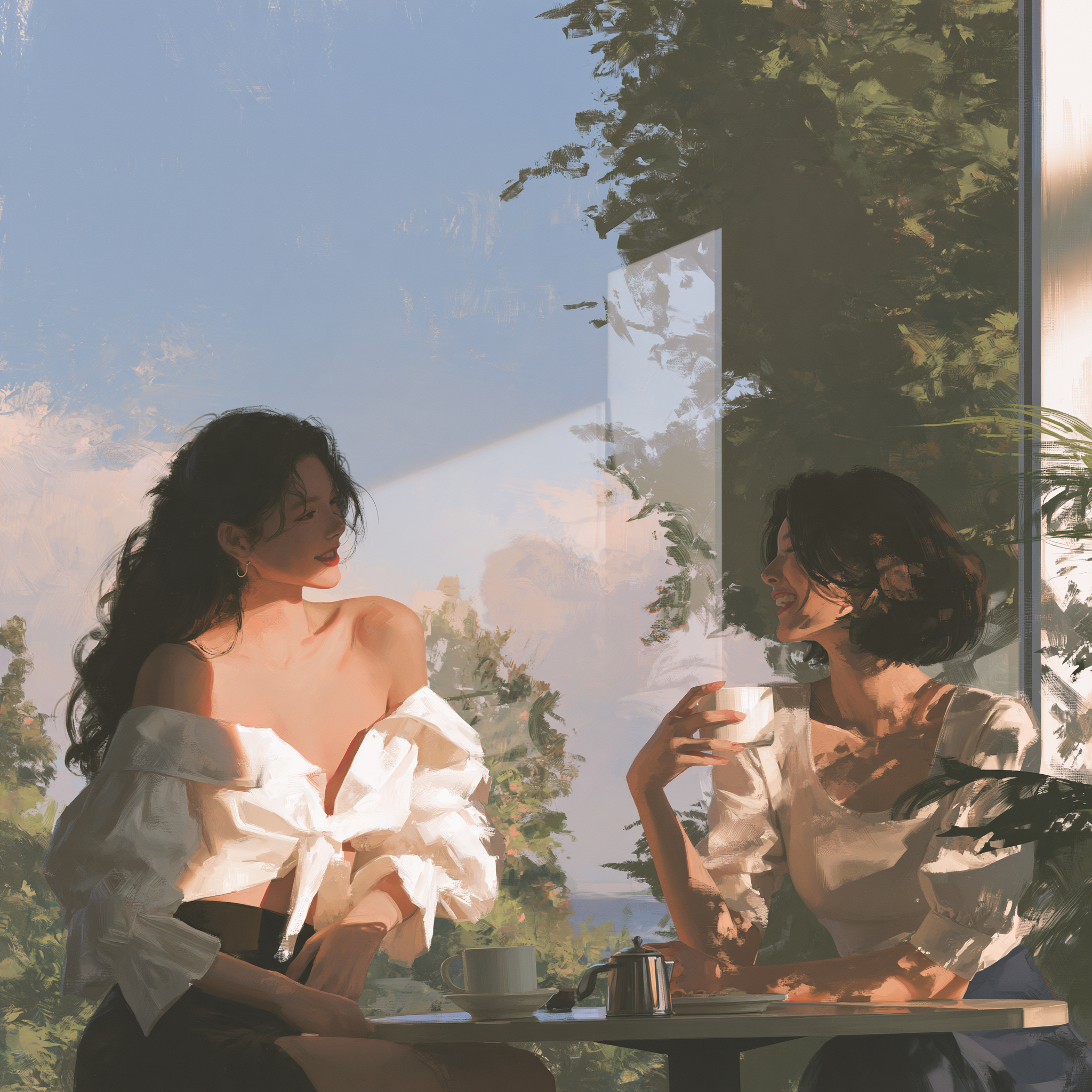 Two women chatting happily and excitedly in a café by the...