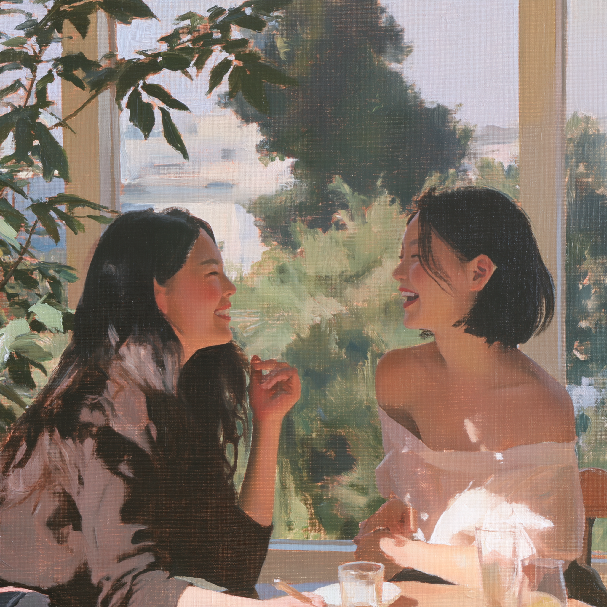 Two women chatting happily and excitedly in a café by the... - alternate