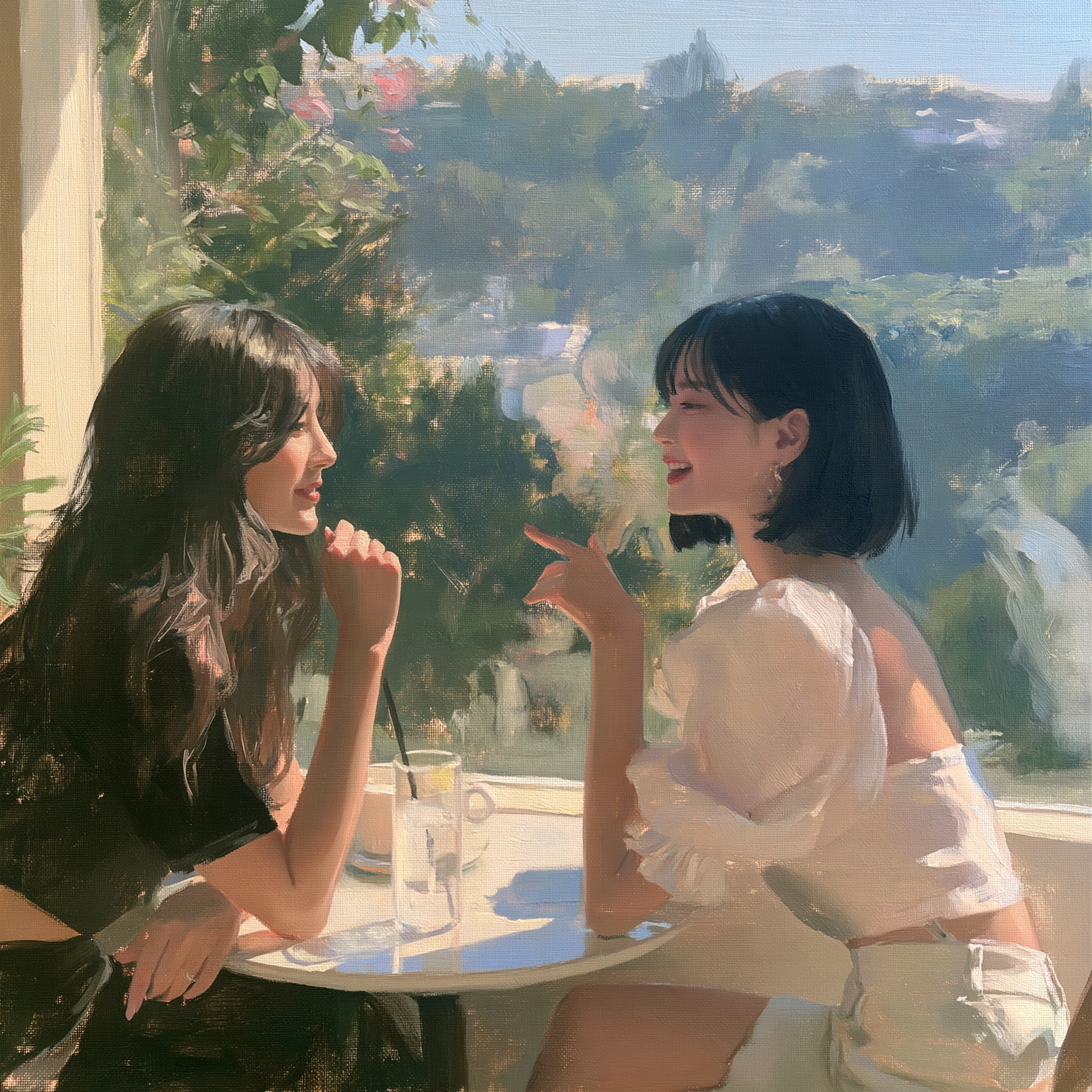 Two women chatting happily and excitedly in a café by the... - alternate