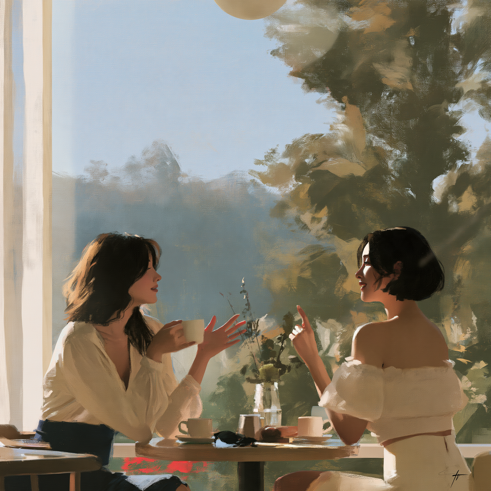 Two women chatting happily and excitedly in a café by the... - alternate