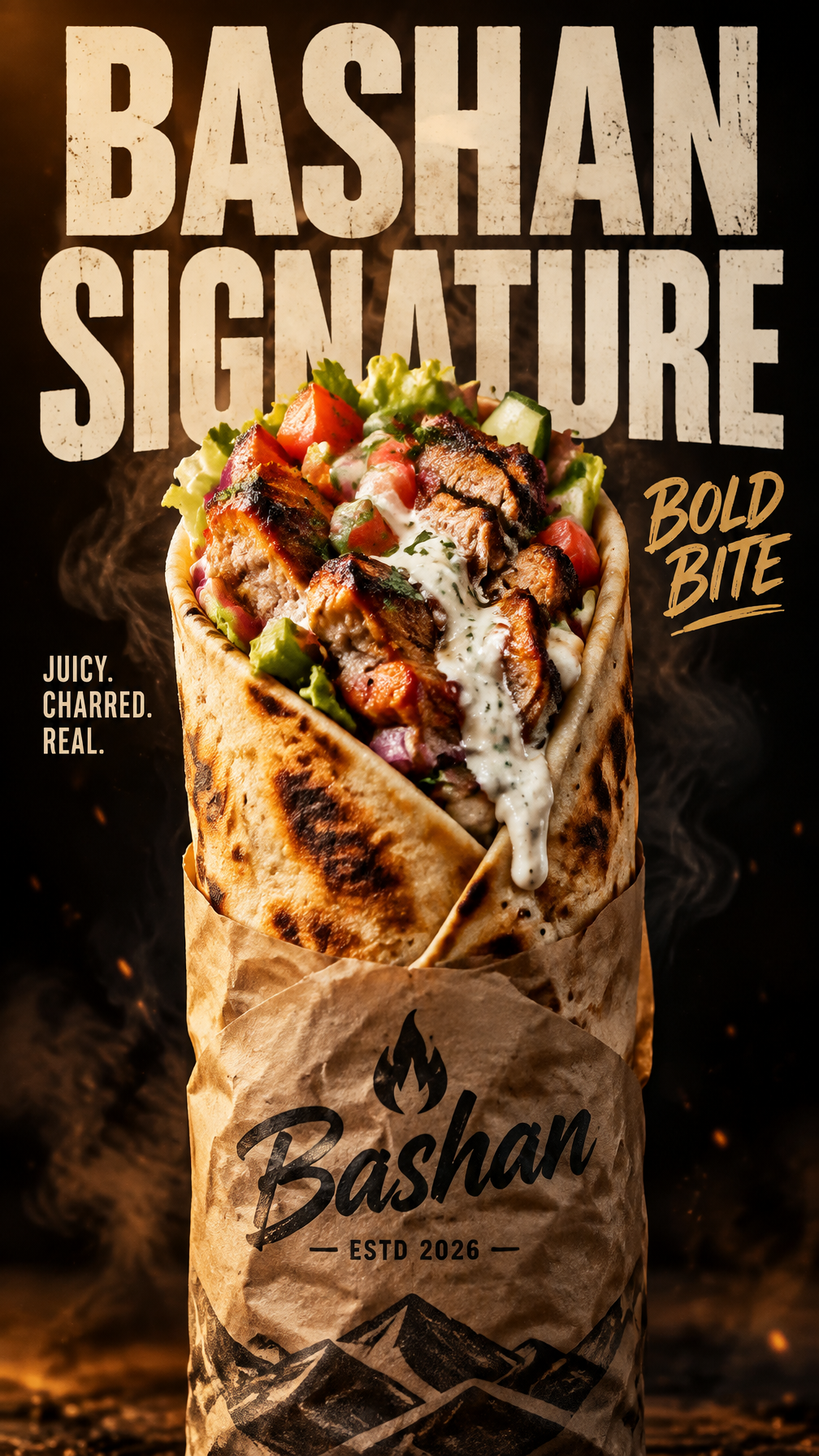 Create a premium street-food advertising poster for a fic...