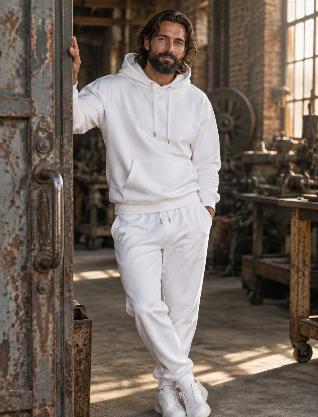 A bearded man with shoulder-length dark hair stands casua...