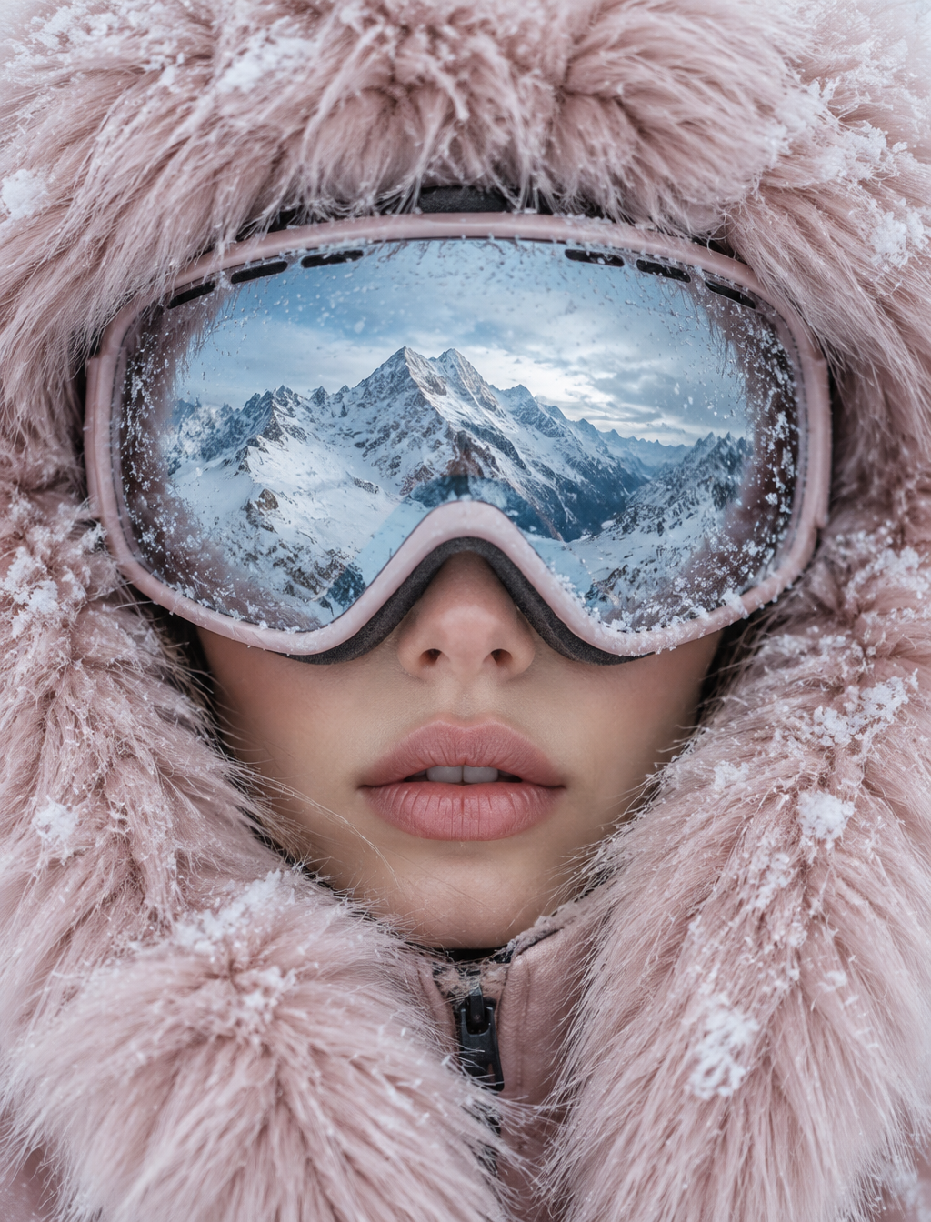 A close-up portrait centers a woman bundled inside an ove...