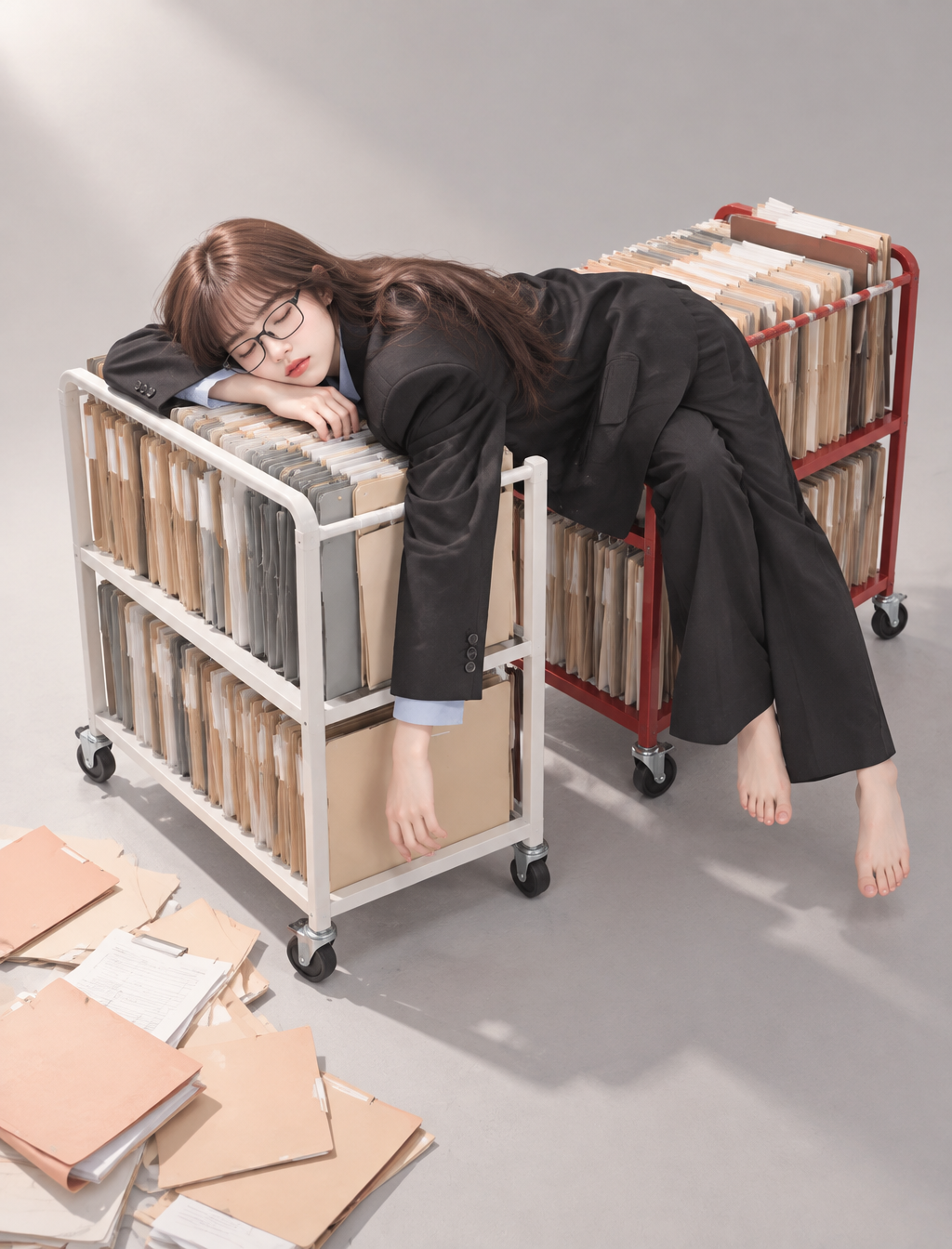 A tired office worker in a black oversized suit and recta...