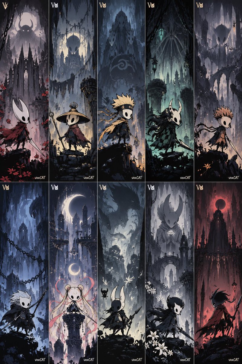 Hollow Knight 游戏画风，将[角色名]重设计为 2D 动作游戏角色海报。9:16竖版，半身构图，角色作... - alternate