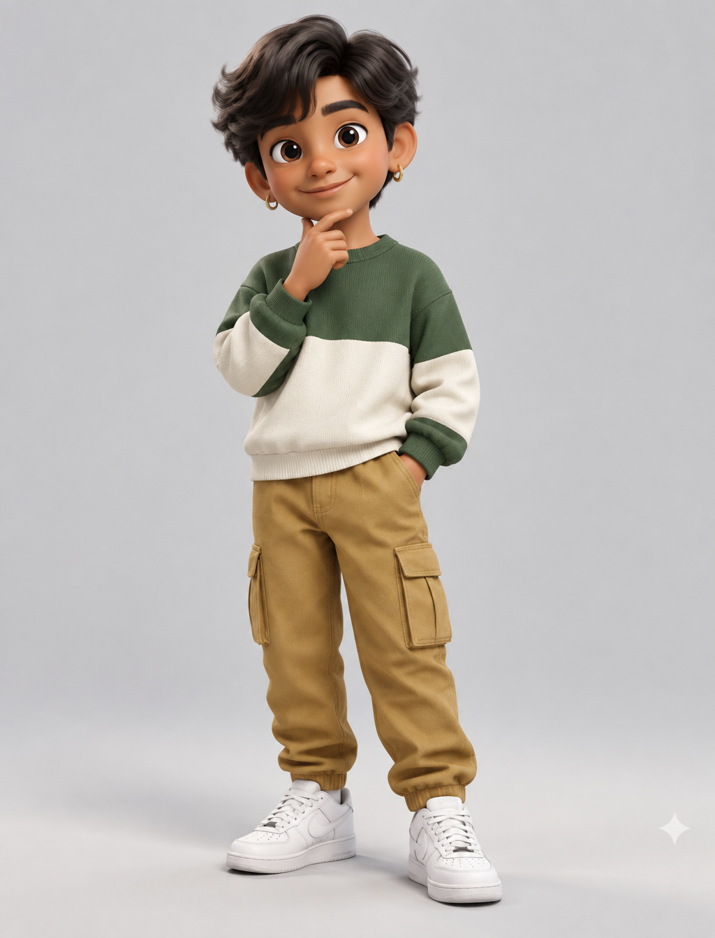 A stylized 3D cartoon boy stands centered against a seaml...