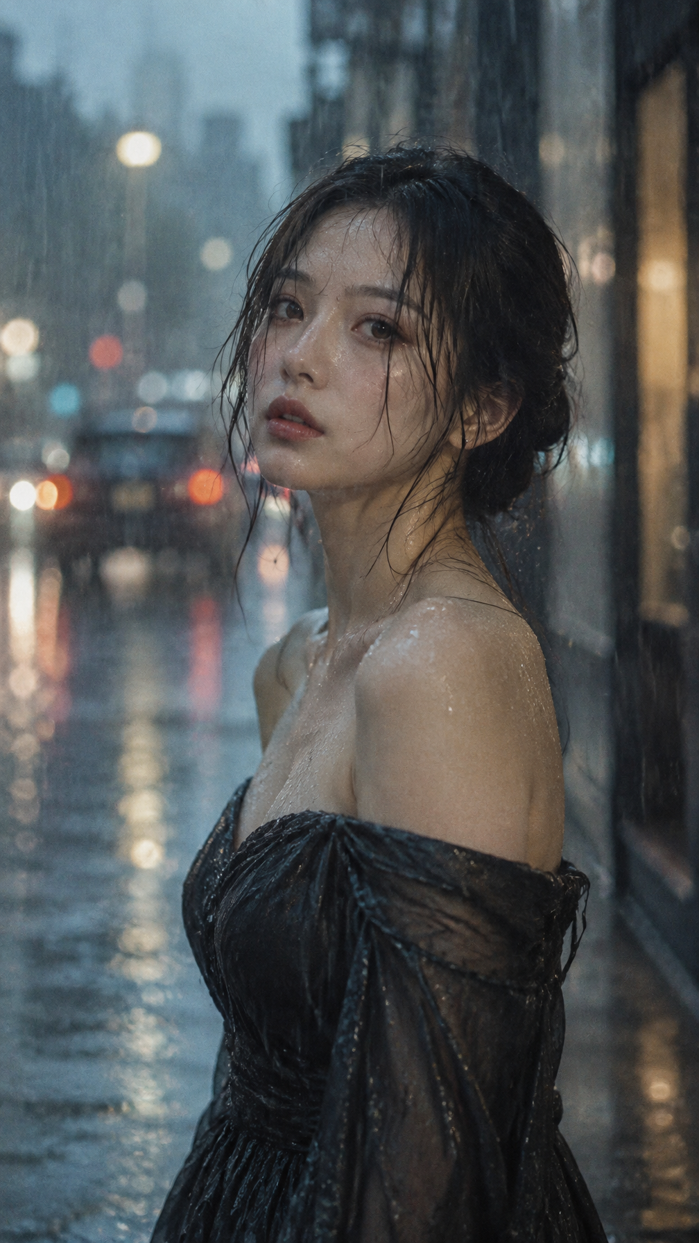 Portrait of a stunning woman standing in a gentle downpou...