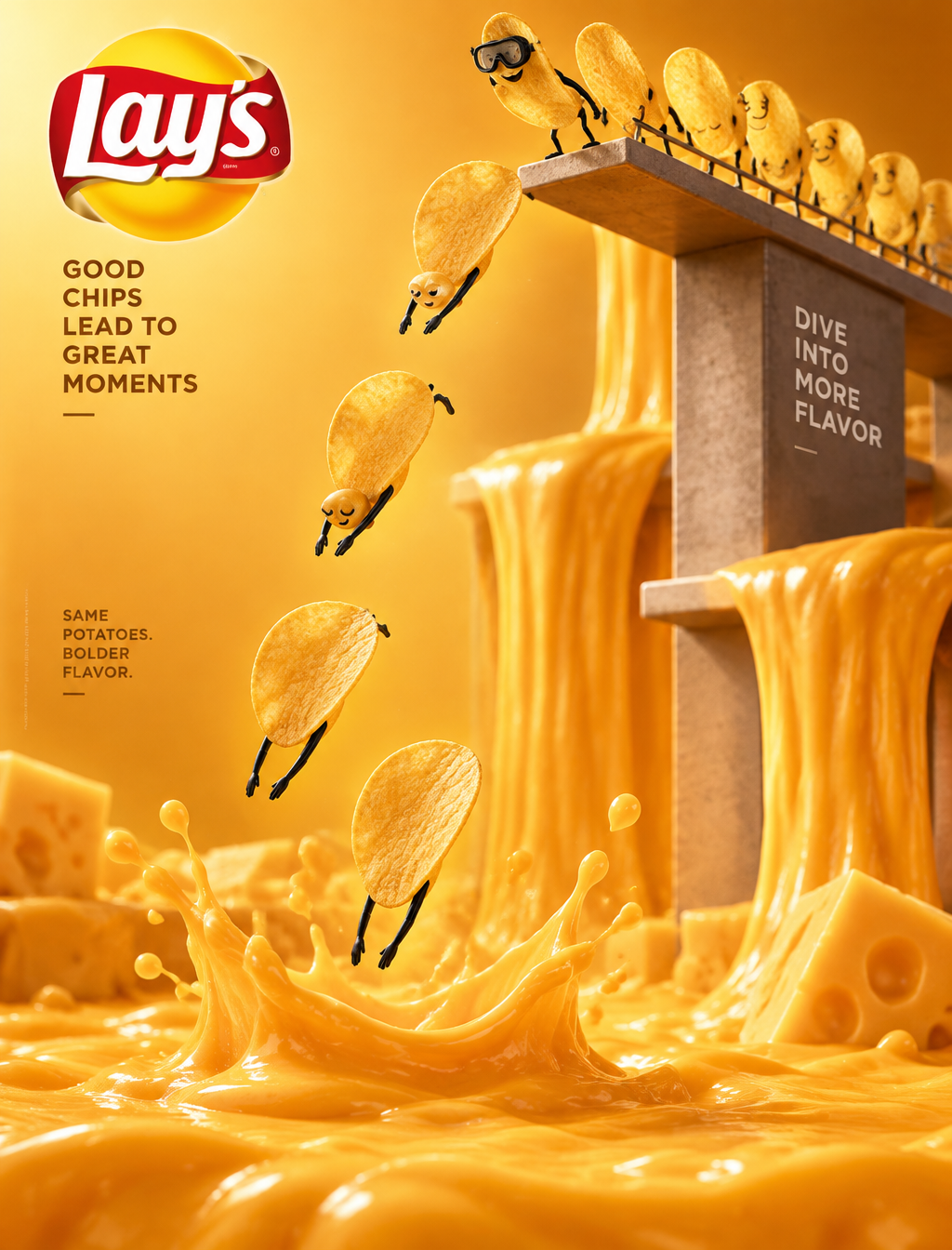 Vertical snack advertising visual with playful anthropomo...