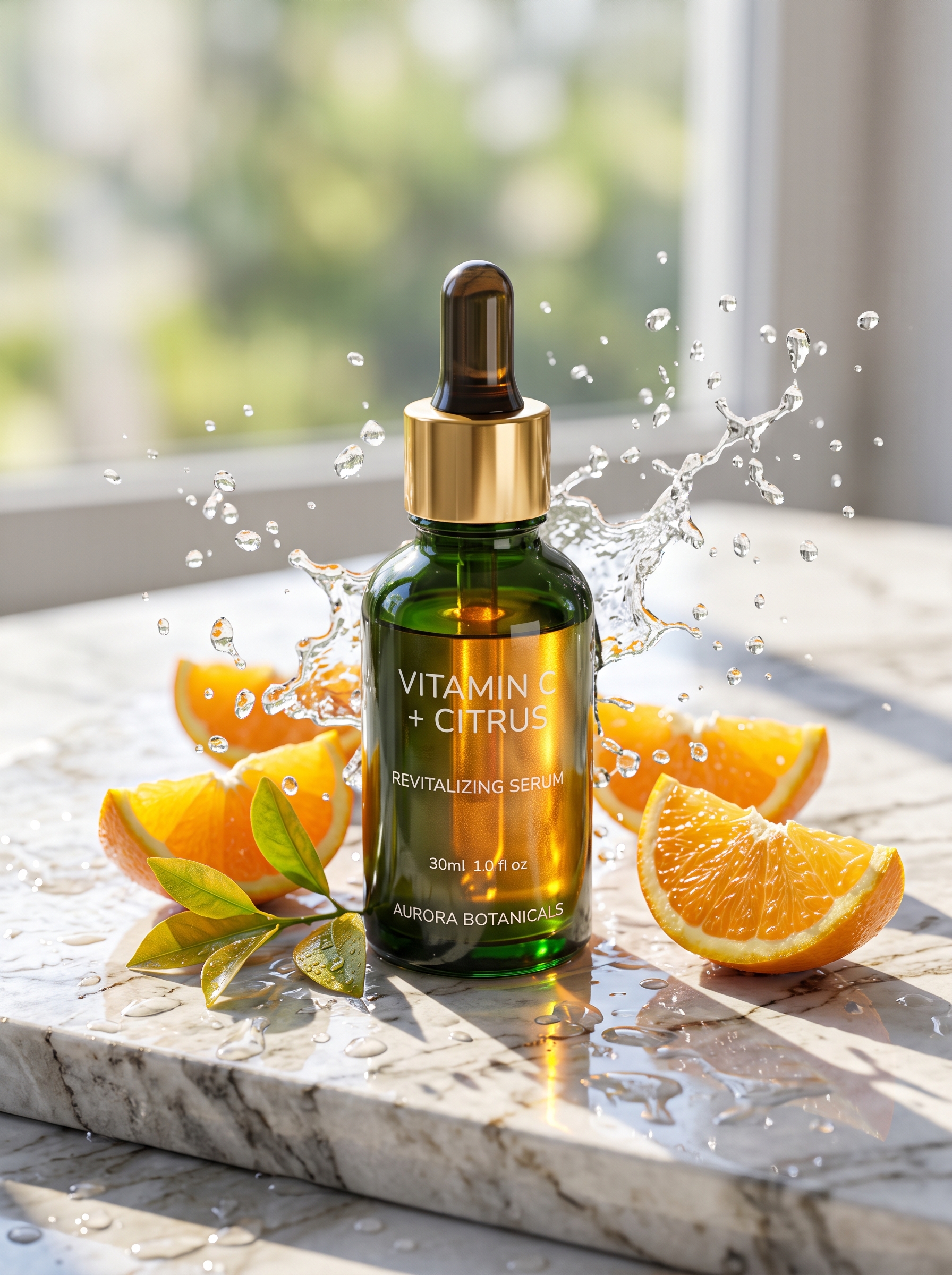 Ultra-realistic premium skincare serum bottle (dark green...