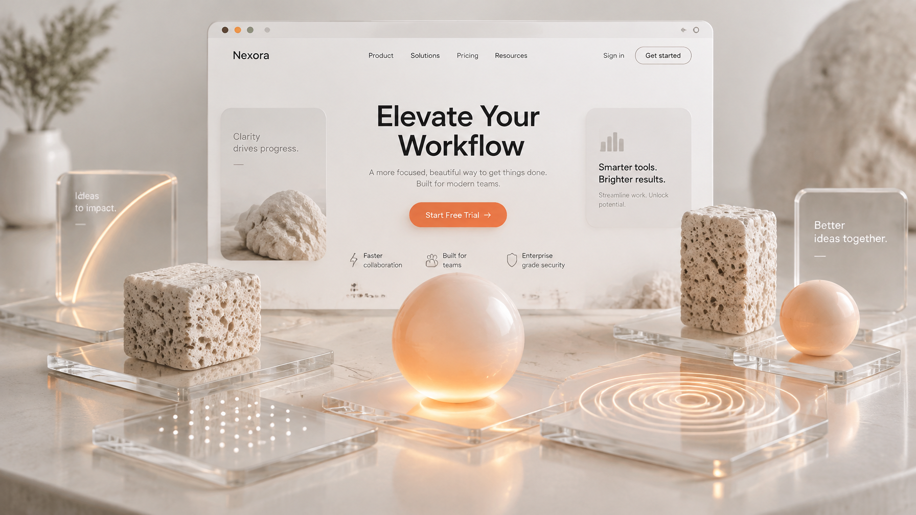 A minimalist SaaS landing-page hero floats within a softl...