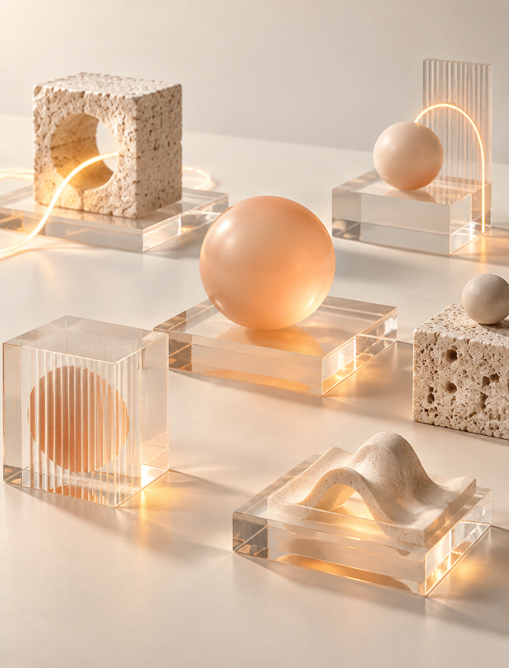 A minimalist abstract still life arranges translucent squ...