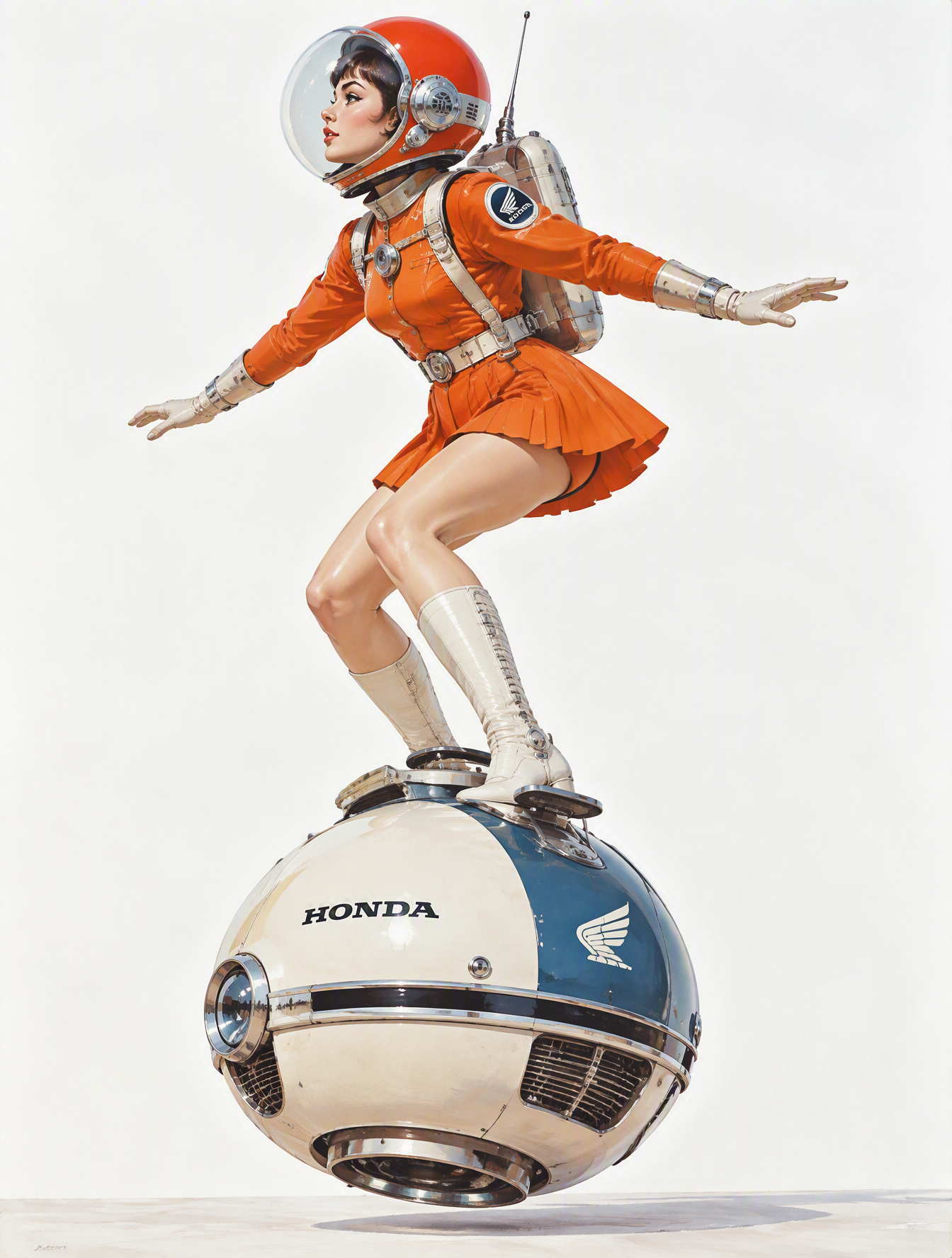 A retro-futurist female astronaut balances atop a compact...
