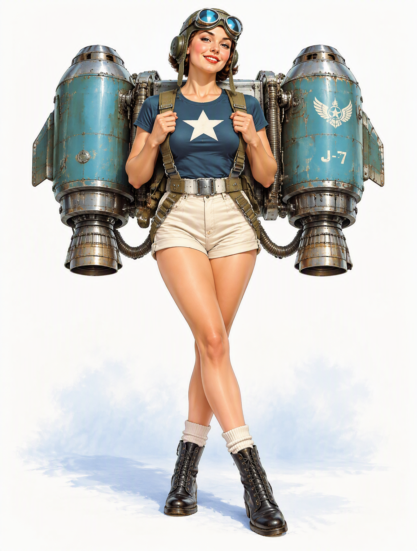 A cheerful retro-futurist aviator stands facing forward, ...