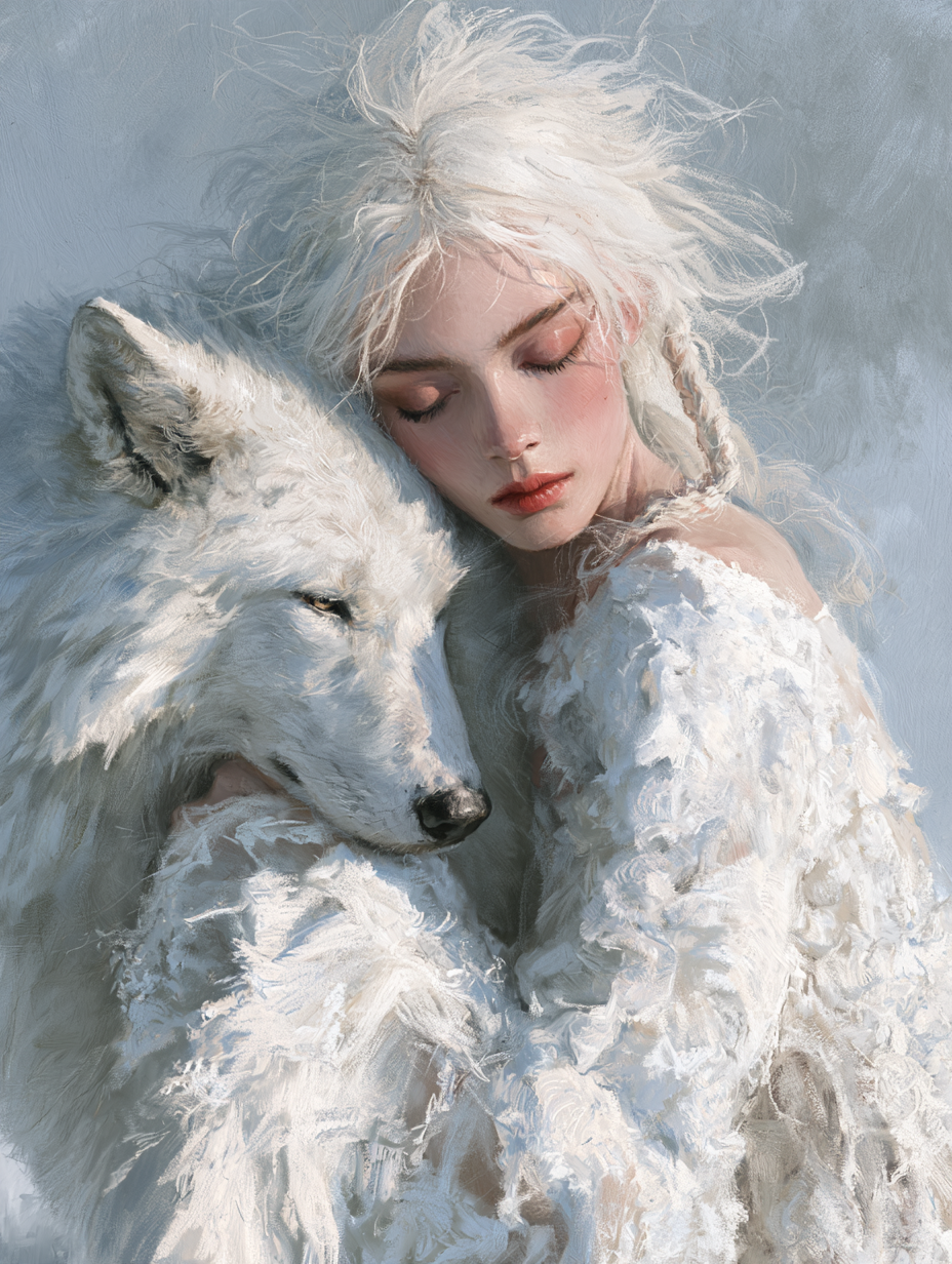 A delicate, dreamlike portrait of a woman with messy whit...