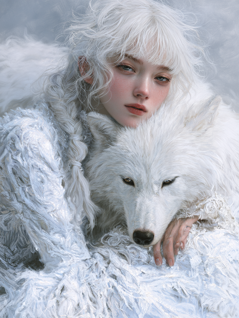 A delicate, dreamlike portrait of a woman with messy whit... - alternate