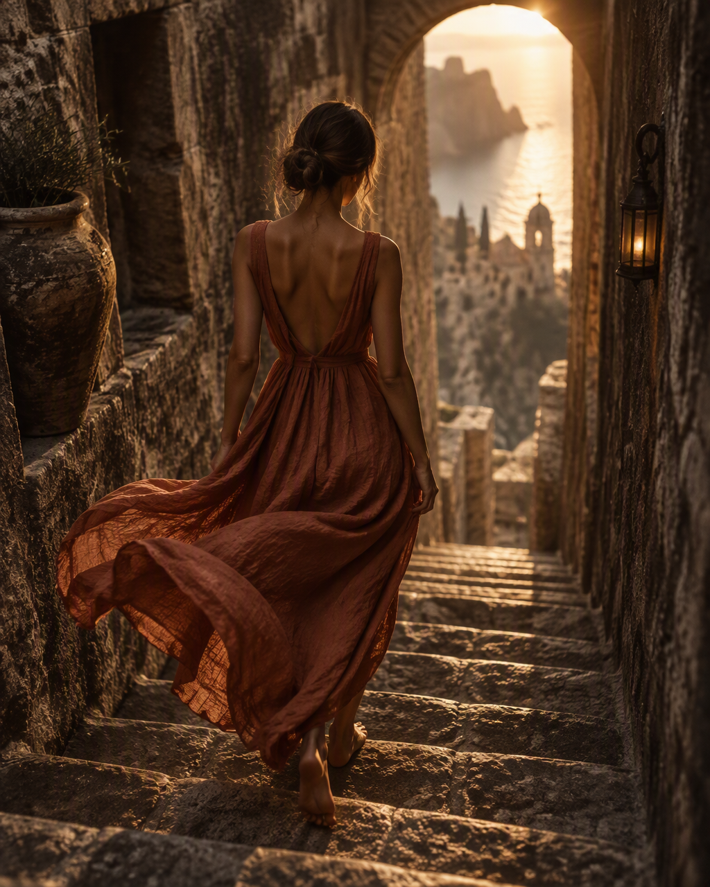 a woman from behind, low bun, wearing a flowing sleeveles...