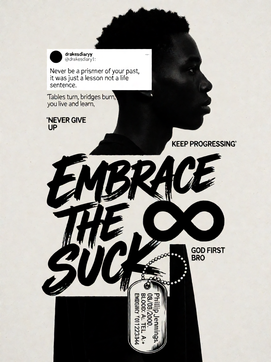 High-contrast black and white typographic portrait poster...
