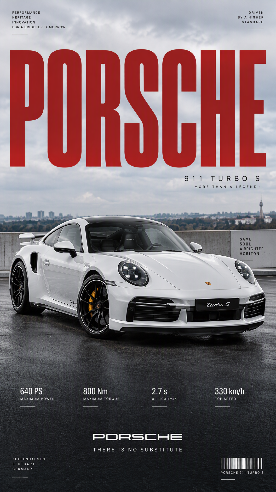 White Porsche 911 Turbo S parked at a dynamic three-quart...