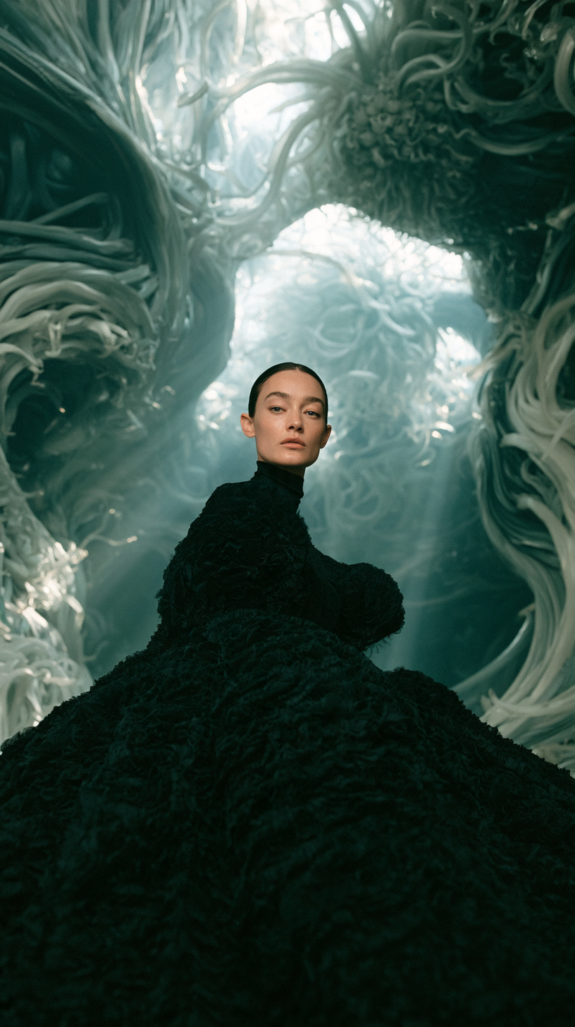 High-fashion editorial portrait of a striking woman, pose...