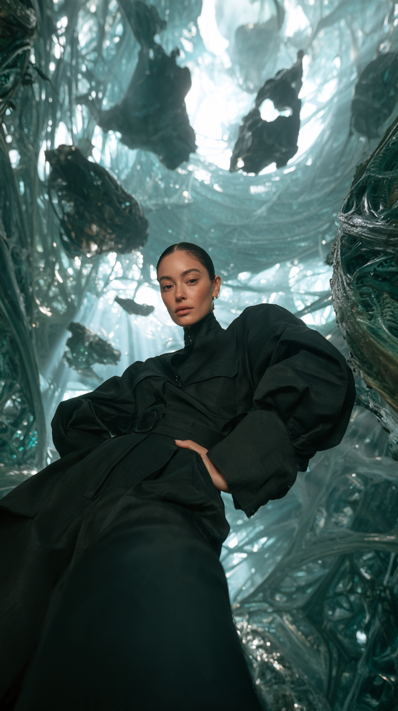 High-fashion editorial portrait of a striking woman, pose... - alternate