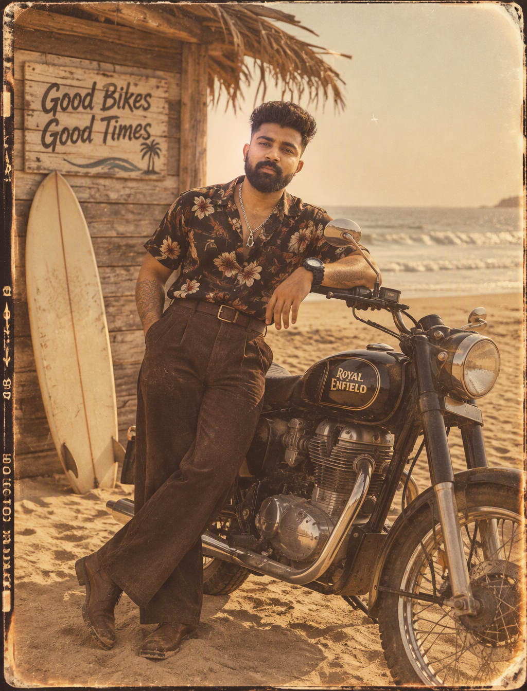 A bearded man in a dark floral shirt and high-waisted tro...
