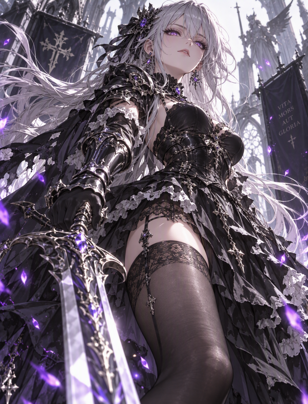 A silver-haired swordswoman stands in a defiant pose, her...