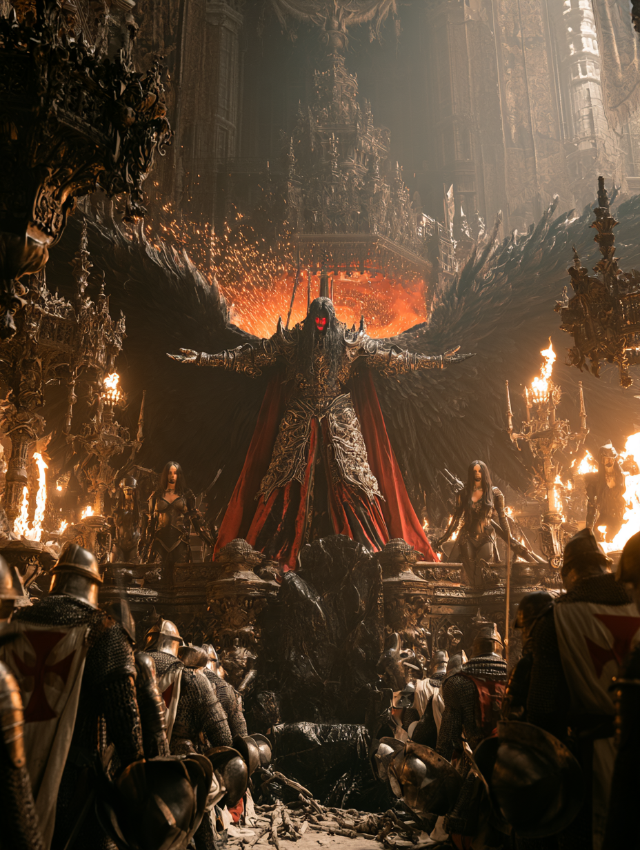 Cinematic full shot, an epic scene inside a dark and opul...