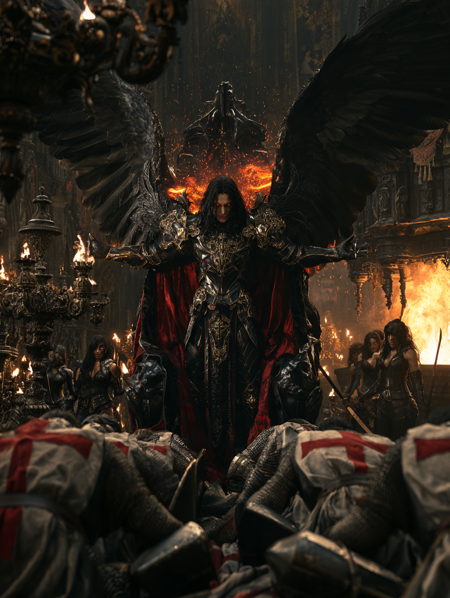 Cinematic full shot, an epic scene inside a dark and opul... - alternate