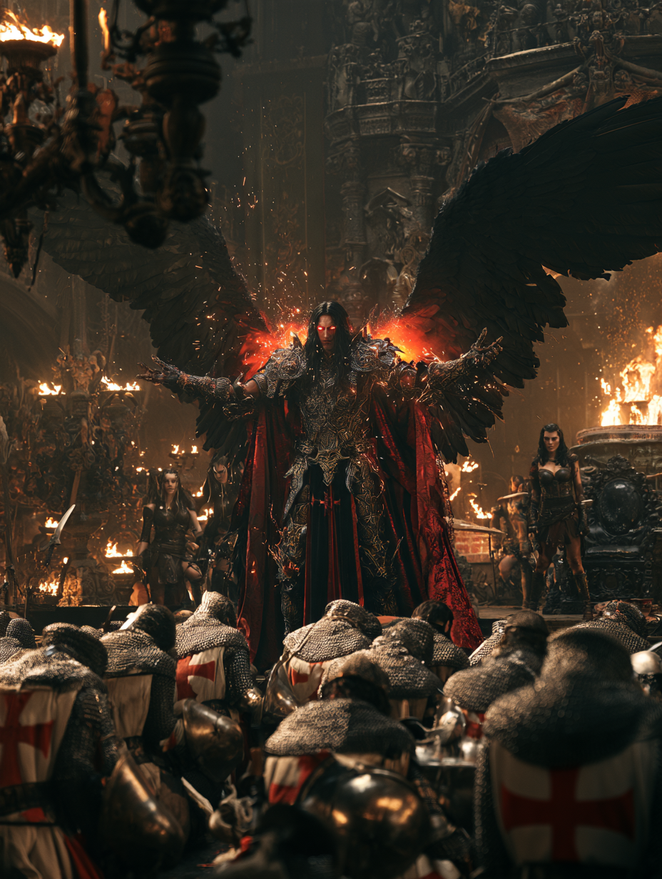Cinematic full shot, an epic scene inside a dark and opul... - alternate
