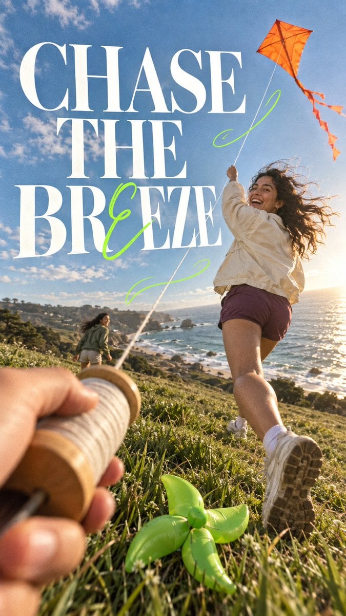 Create a finished youthful editorial lifestyle poster, 9:...