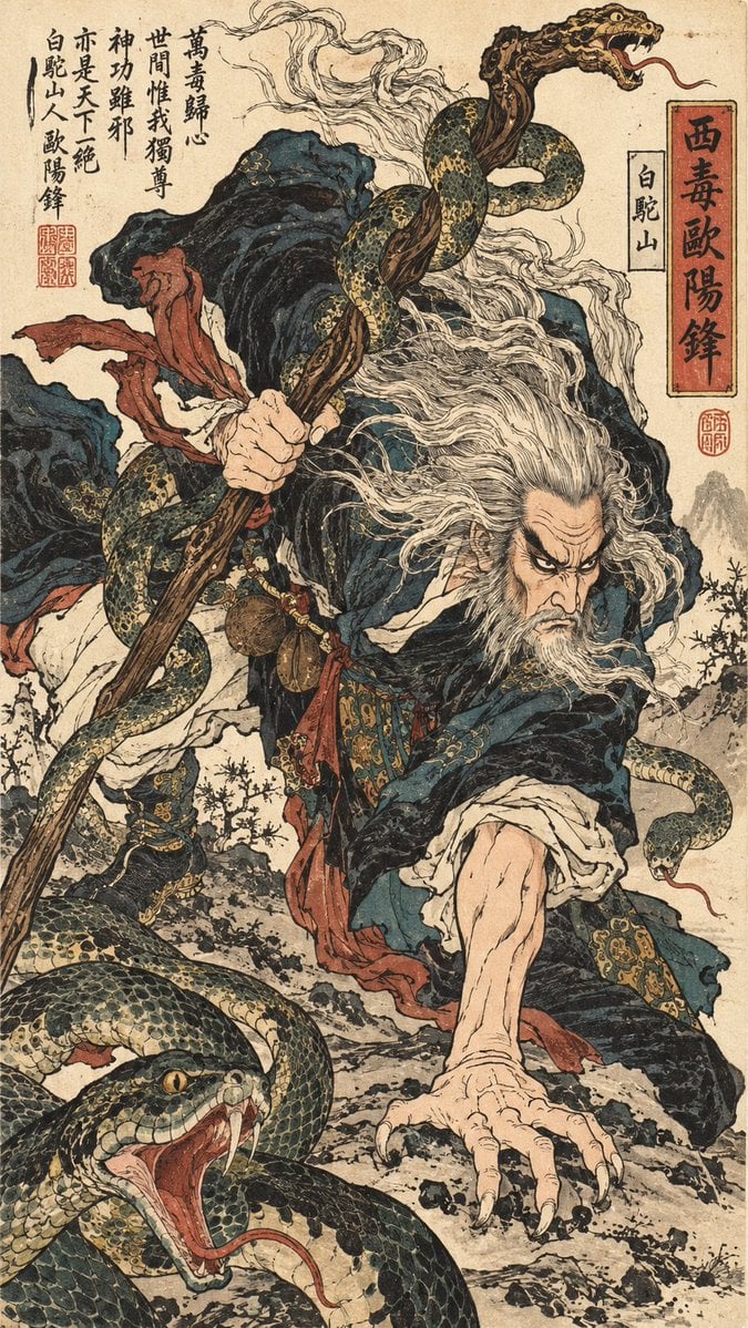 创作一幅 9:16 竖幅东方武侠浮世绘人物画。基于[人物]重新塑造角色形象，不参考任何影视演员脸或具体影视造型。