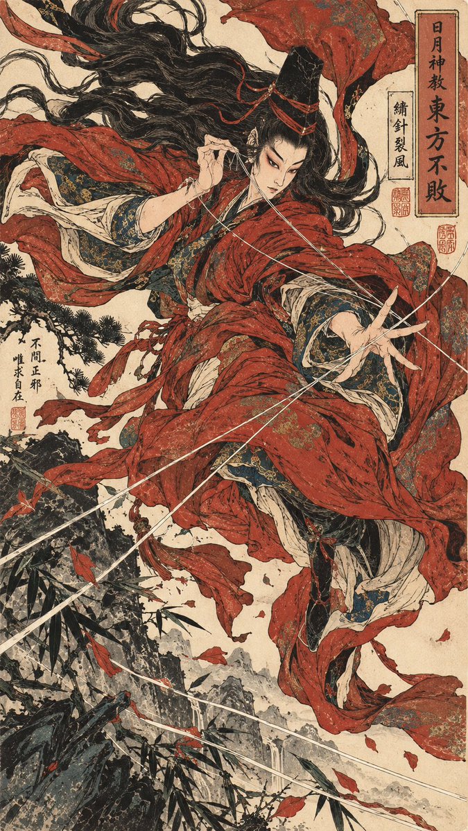 创作一幅 9:16 竖幅东方武侠浮世绘人物画。基于[人物]重新塑造角色形象，不参考任何影视演员脸或具体影视造型。 - alternate