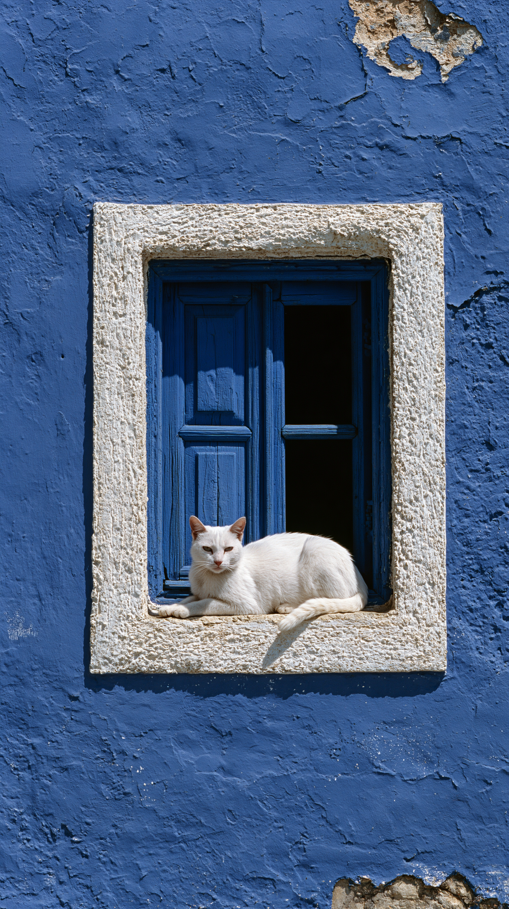 create a blue color wall of a home with a small window an...
