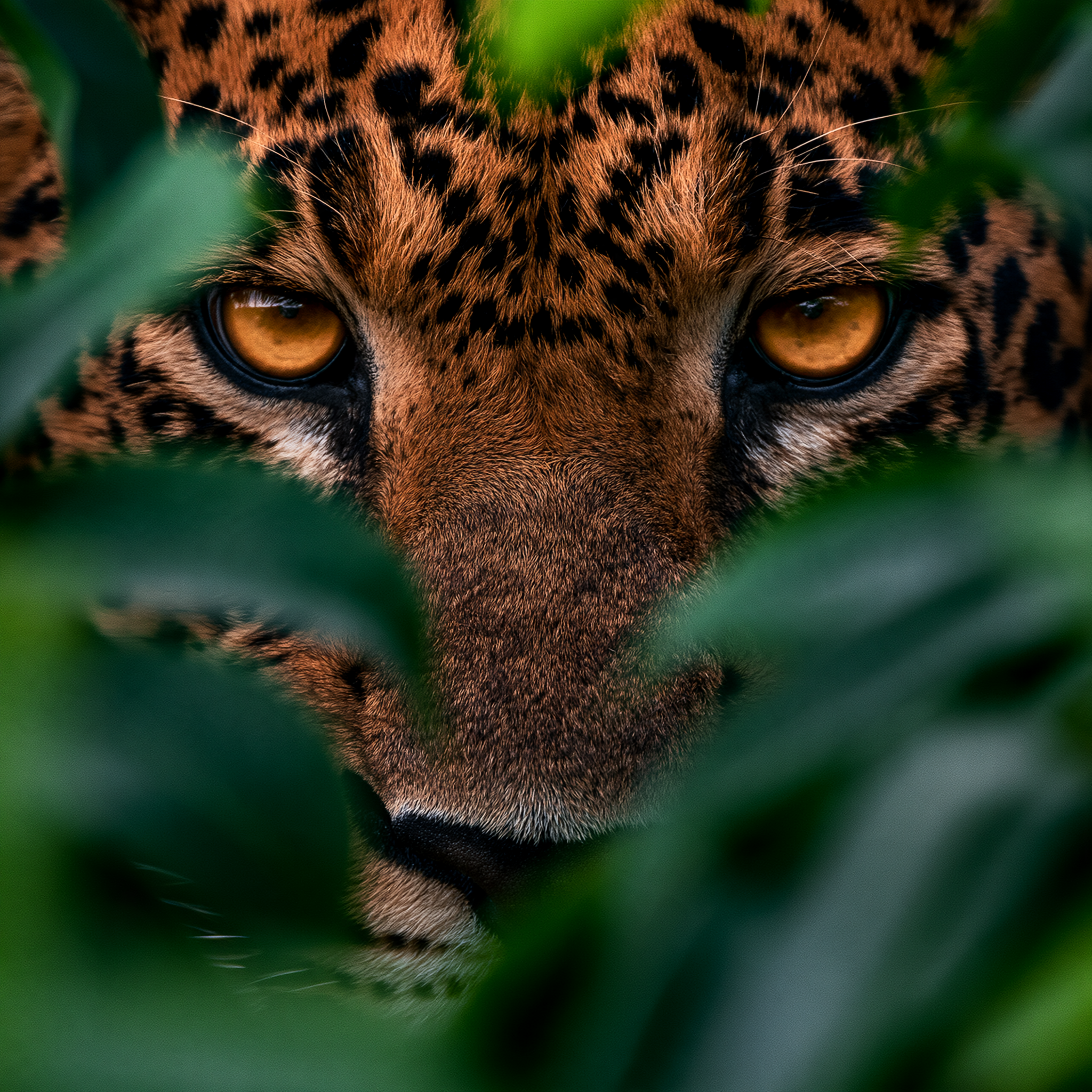 extreme close-up of a leopard’s face and eyes framed by t...