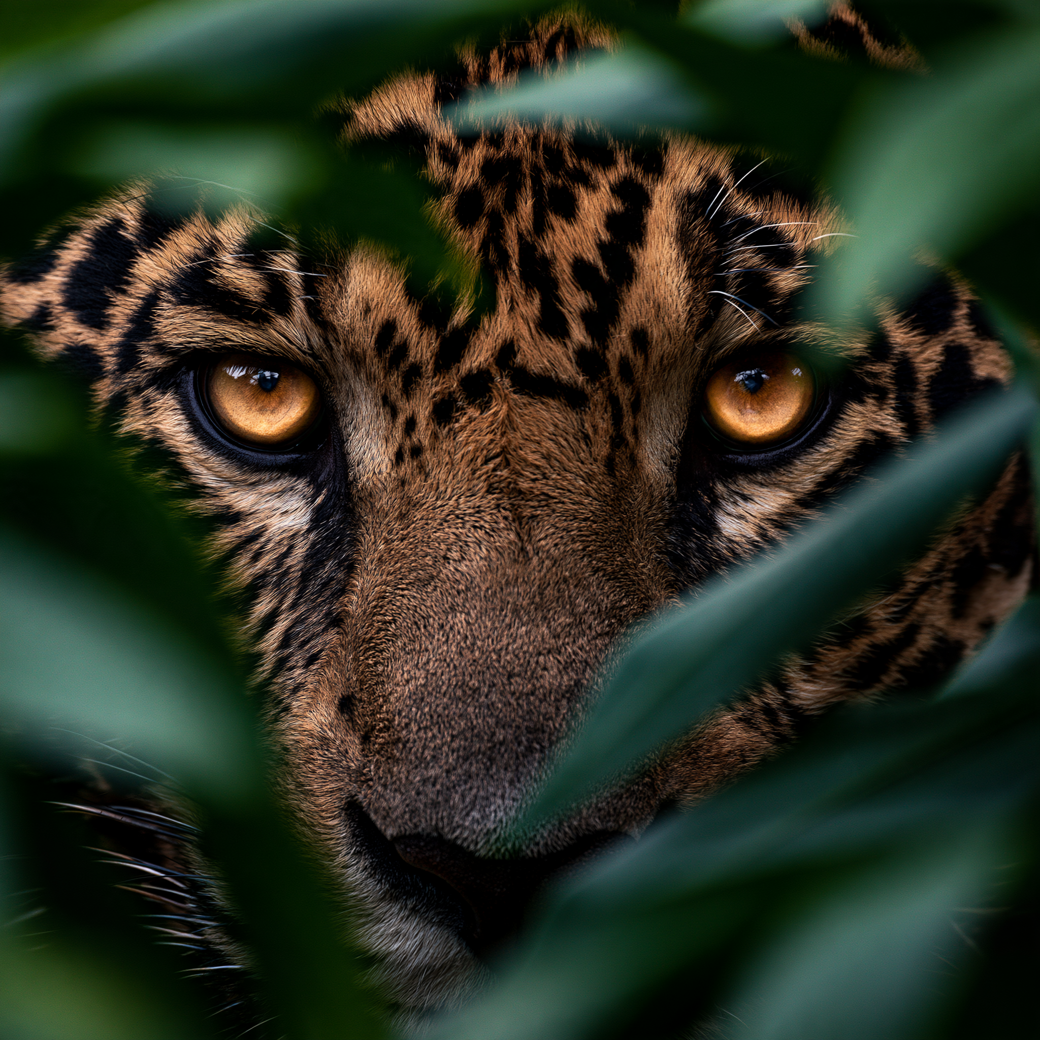 extreme close-up of a leopard’s face and eyes framed by t... - alternate