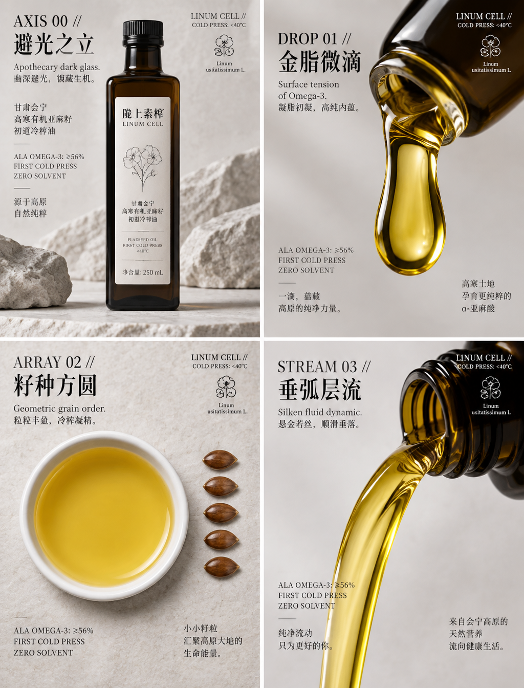 # 商业海报设计提示词：高原冷榨亚麻籽油多视角矩阵为虚拟高原有机健康油脂品牌 陇上素榨 (LINUM CELL) ...