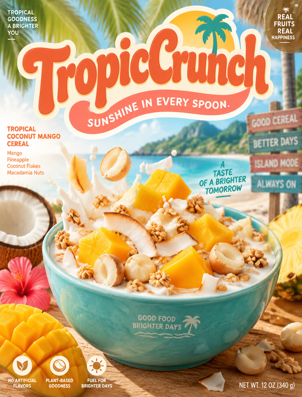 TropicCrunch(热带椰香芒果麦片 —— 夏日度假风) - 品牌标语 (Slogan):“SUNSHINE...