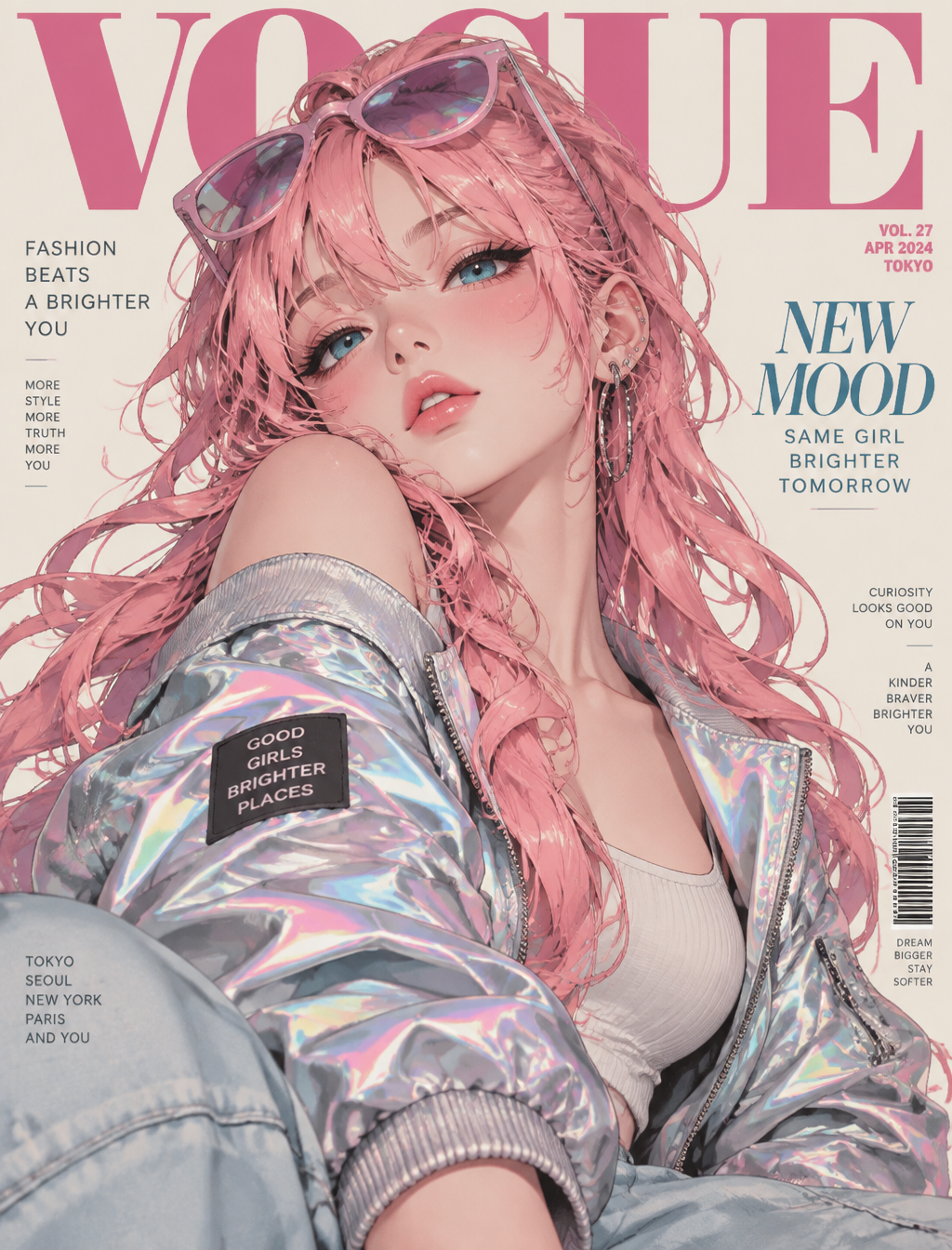 A stylized anime fashion portrait presents a pink-haired ...