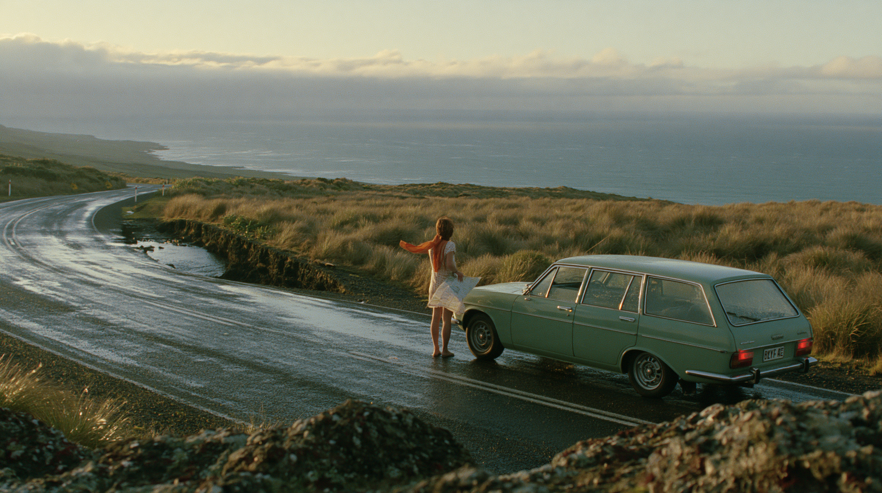 Naturalistic cinematic road movie still, 16:9 widescreen....