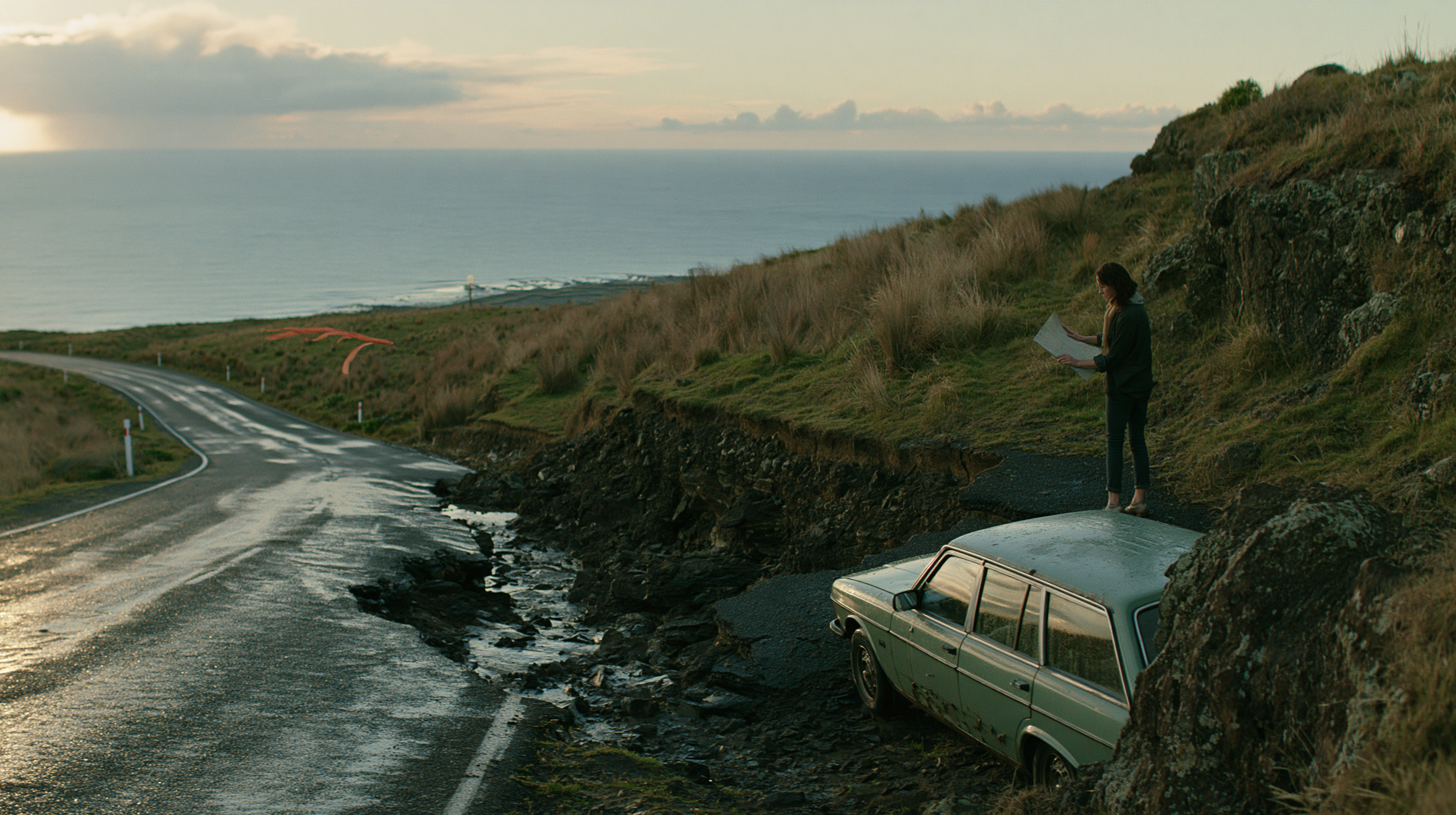 Naturalistic cinematic road movie still, 16:9 widescreen.... - alternate