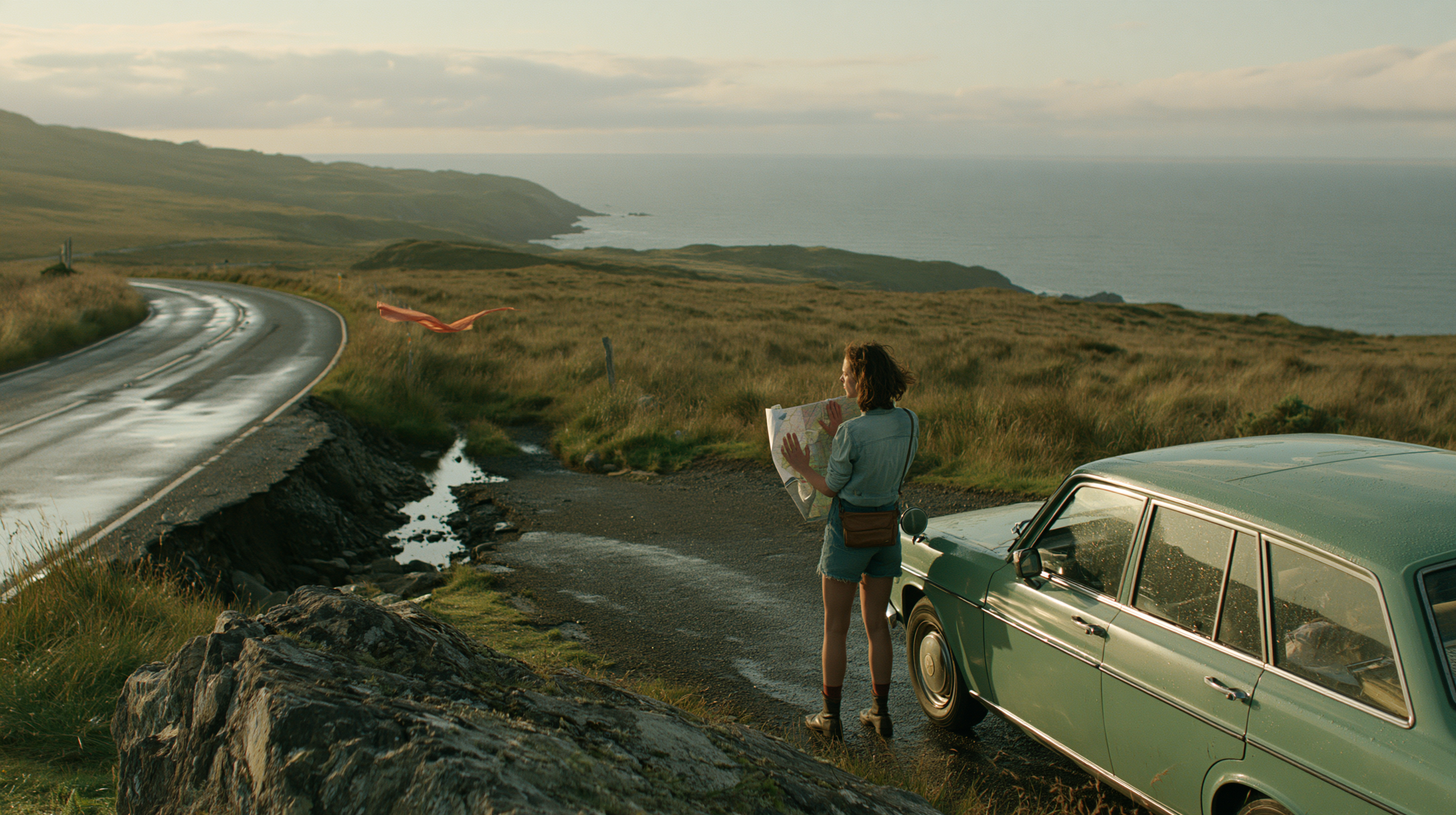 Naturalistic cinematic road movie still, 16:9 widescreen.... - alternate