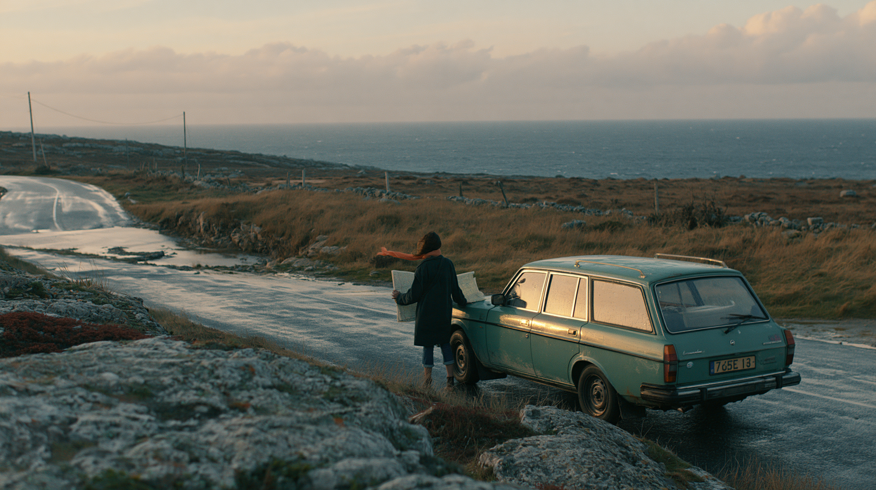 Naturalistic cinematic road movie still, 16:9 widescreen.... - alternate