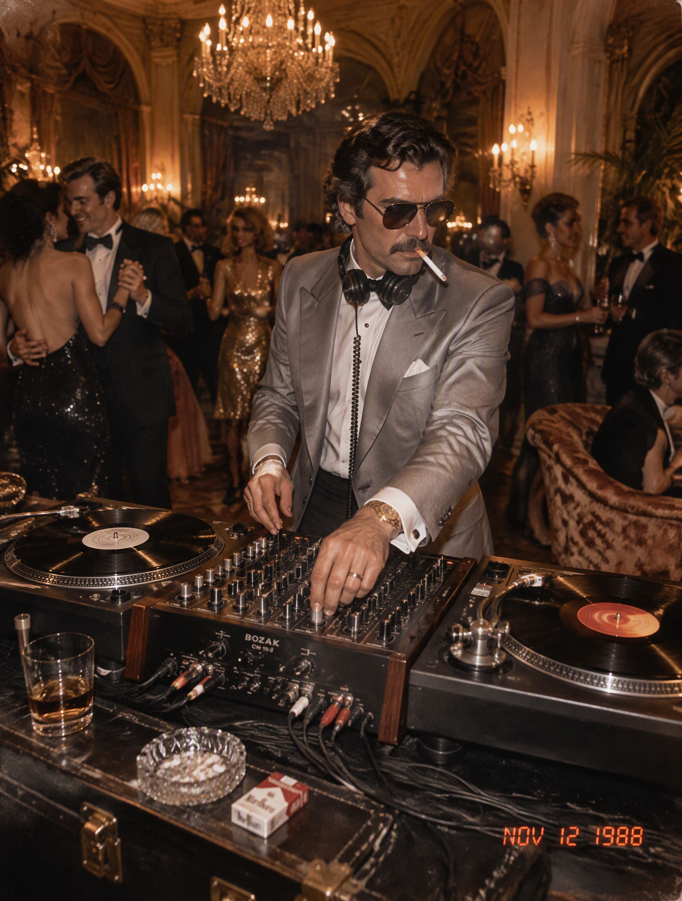 A sharply dressed mustachioed DJ operates two turntables ...