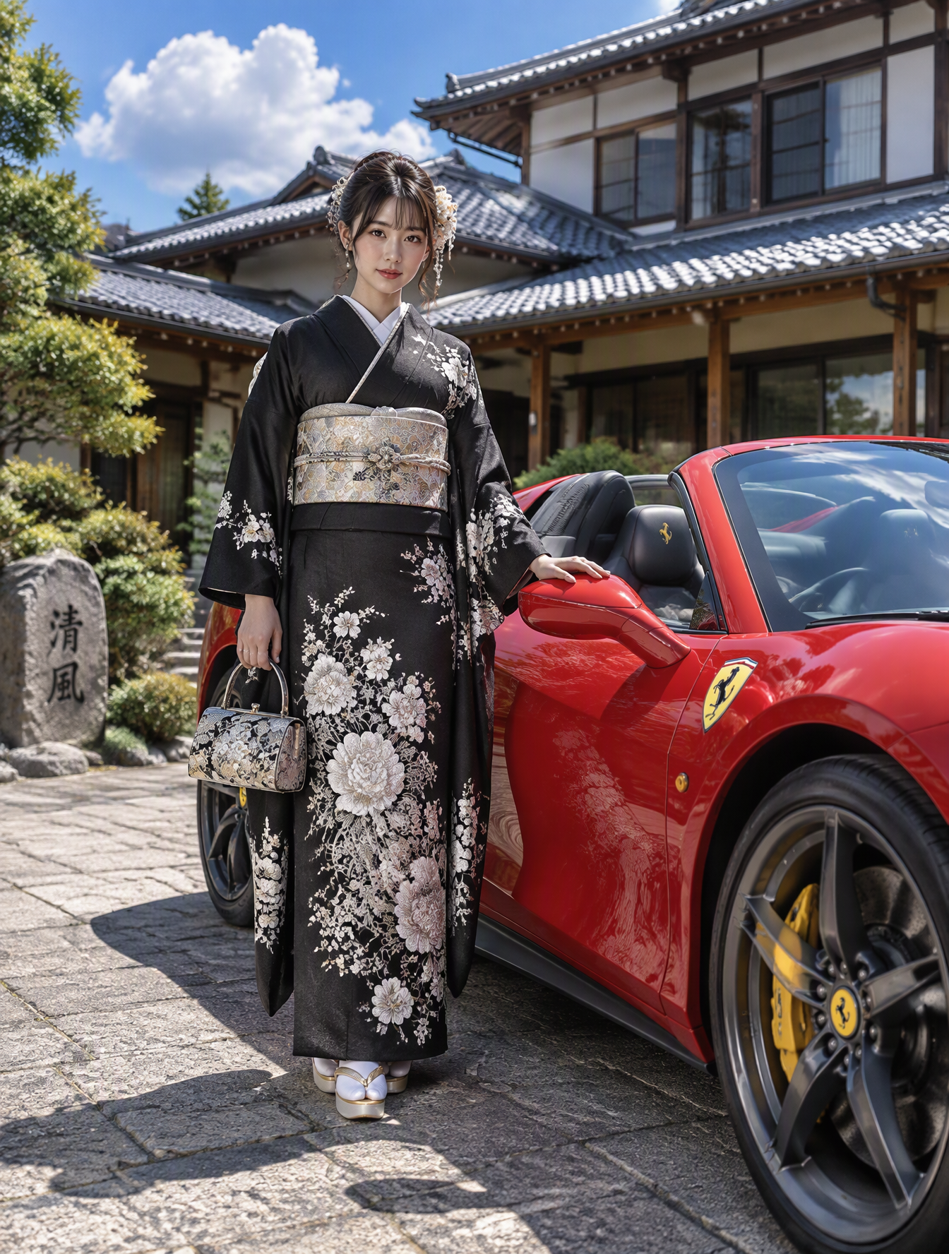 A young woman in a formal black kimono stands beside a vi...