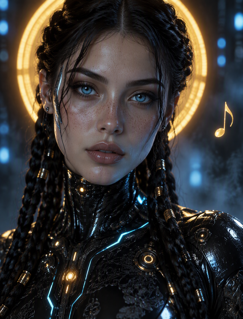 A futuristic cybernetic woman faces the camera in a close...