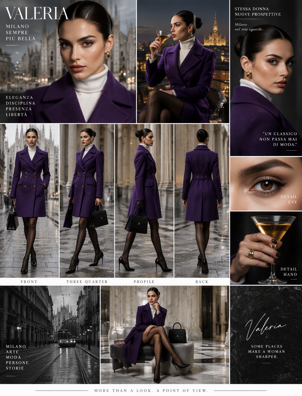 Valeria, an elegant Milanese muse, is presented in a mult...