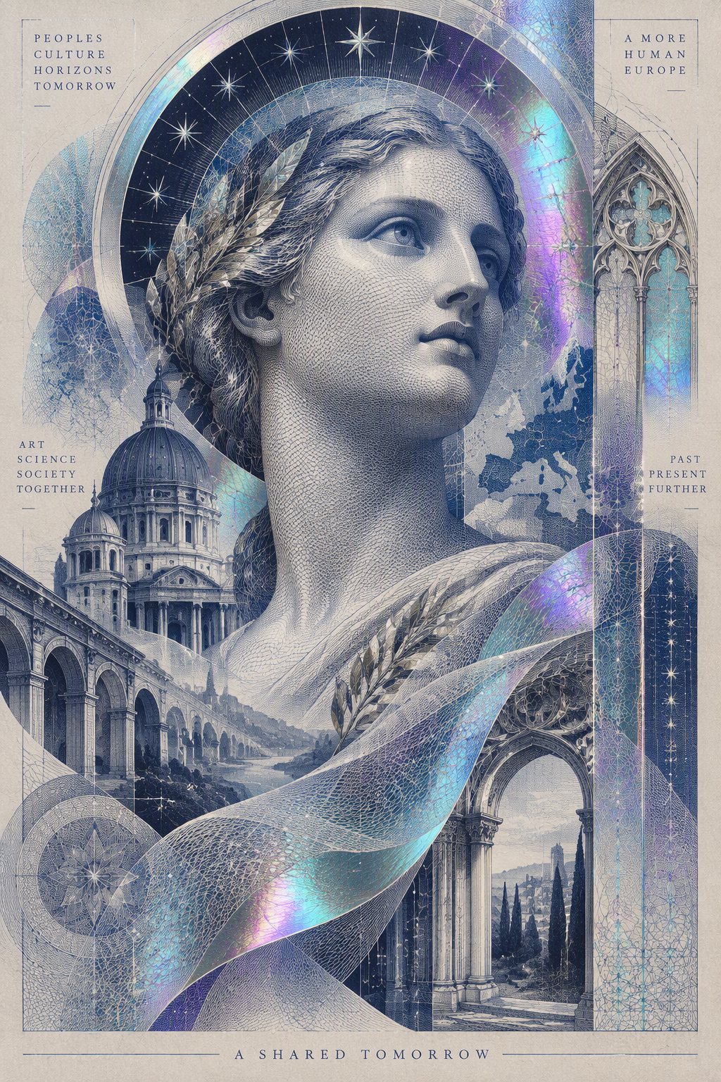 Create a futuristic luxury art poster inspired by Europea...