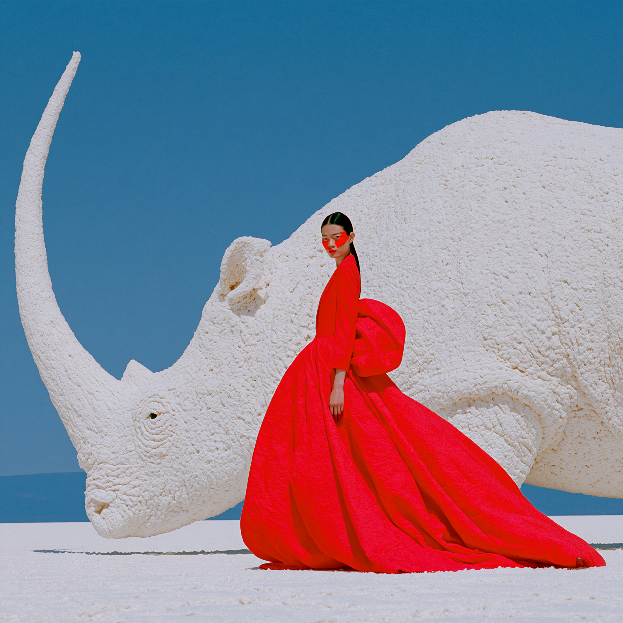 a surreal high-fashion editorial photograph, a colossal w... - alternate