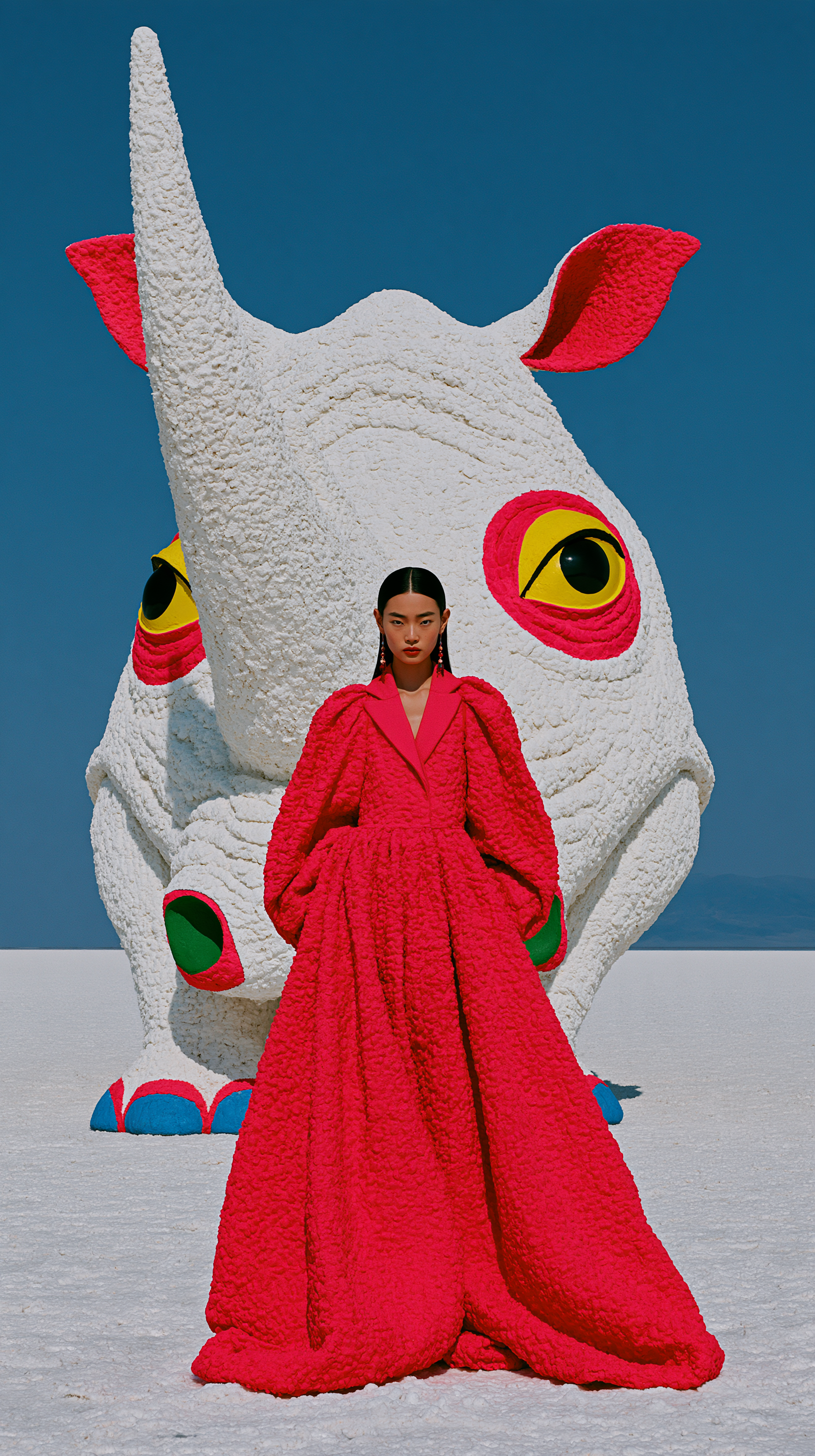 a surreal high-fashion editorial photograph, a colossal w...