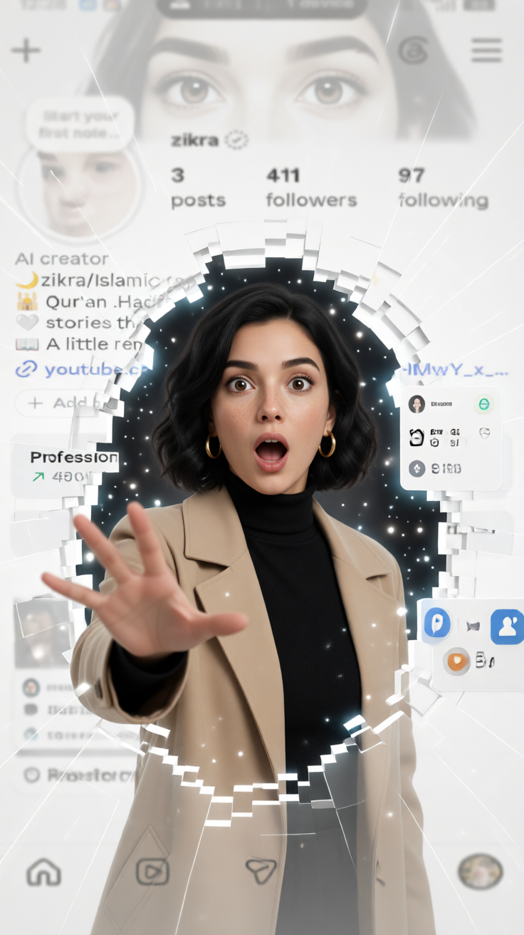 A futuristic social media profile UI in a clean white min...